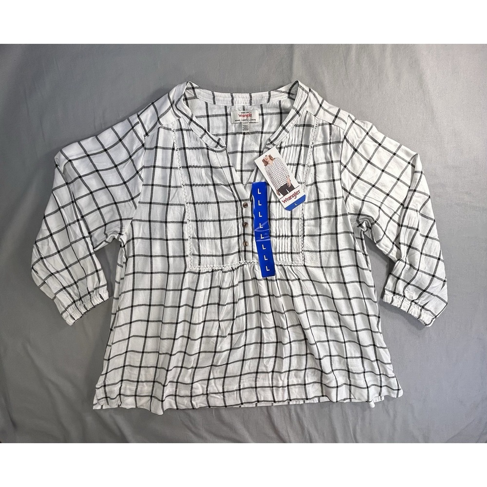 Wrangler Black &‎ White Plaid 3/4" Bracelet Sleeve Vneck Shirt Women's Large